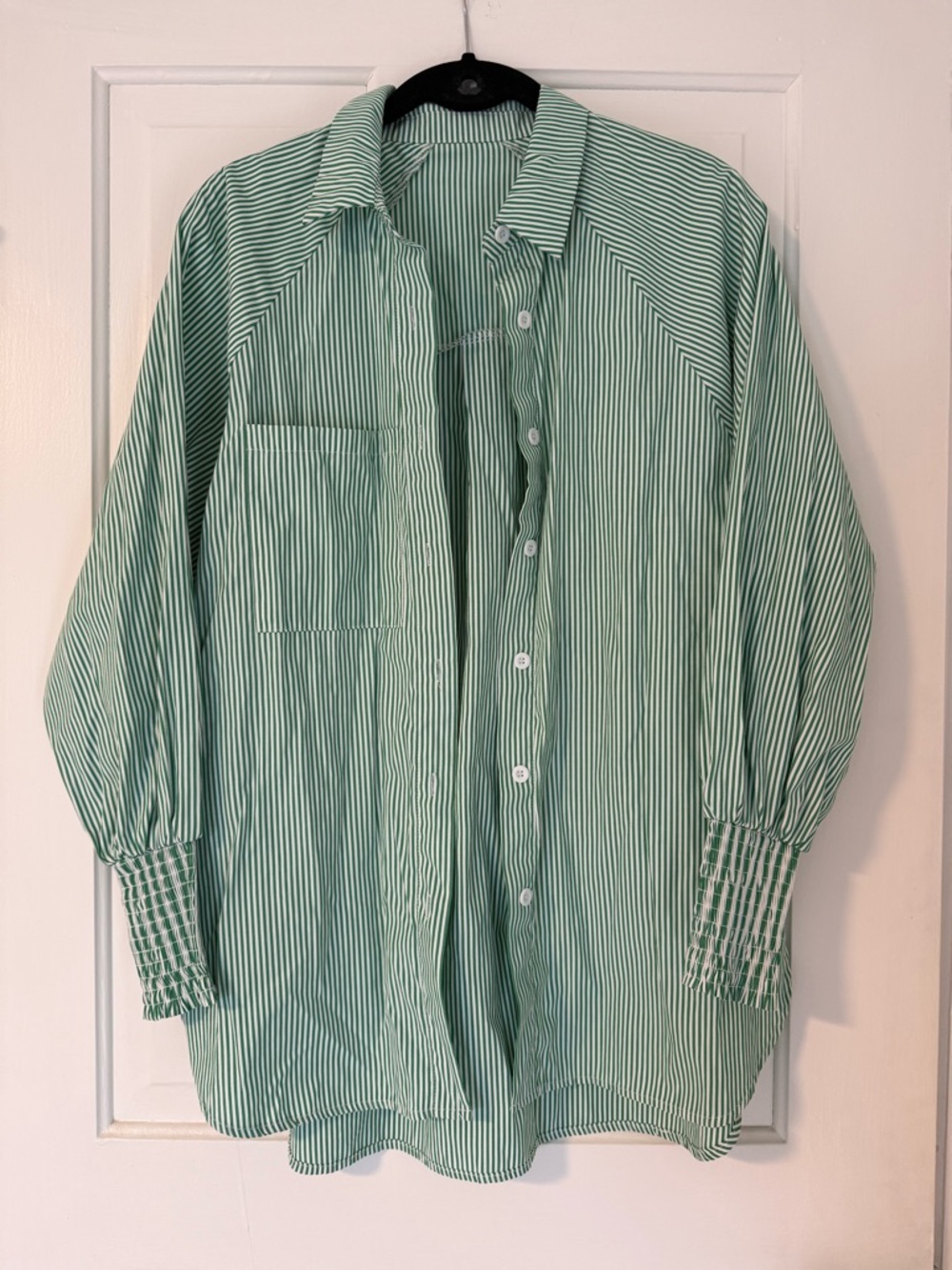 Green and White Striped Button-Up Shirt